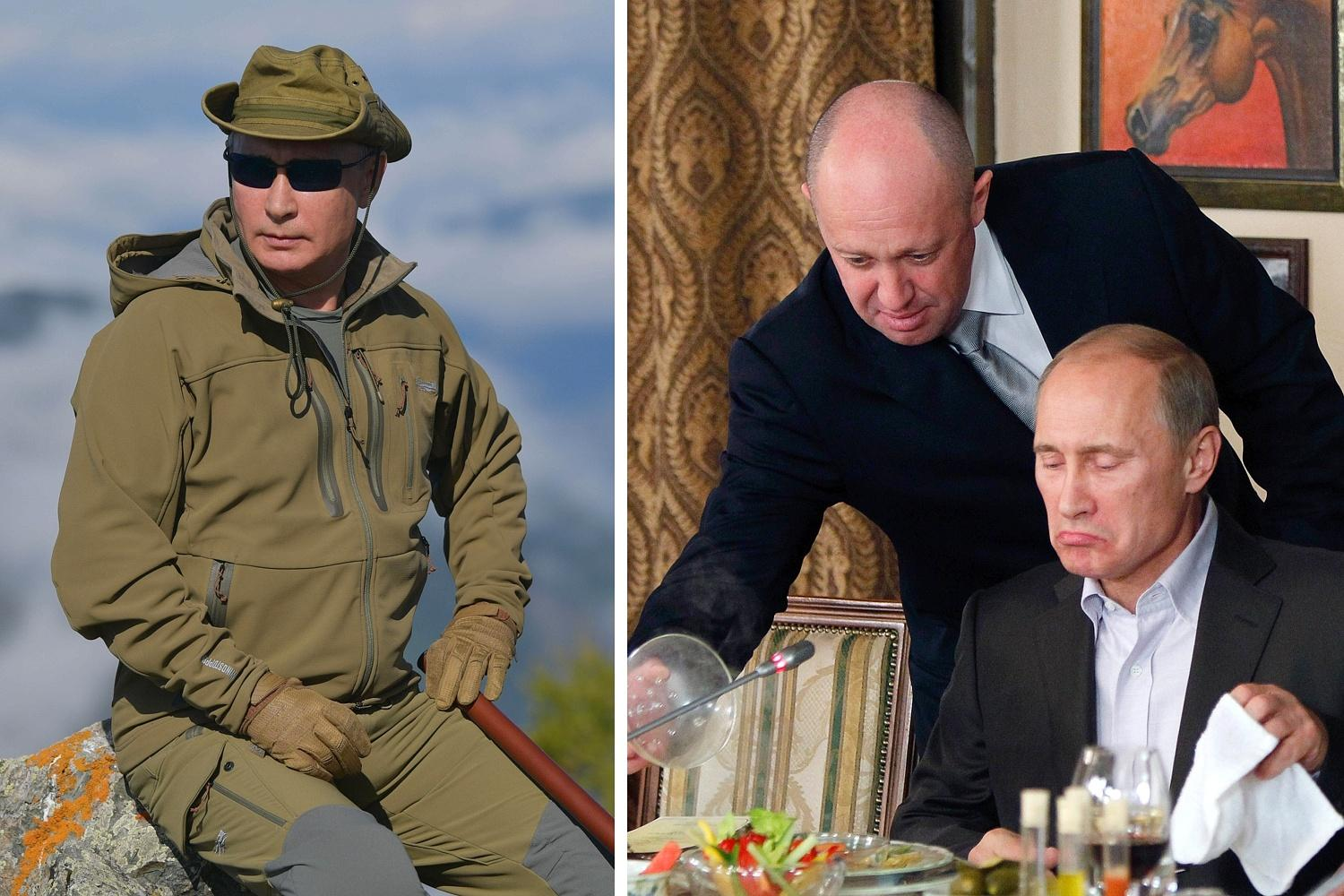 Left: Putin on holiday in Siberia in 2019. Right: Yevgeny Prigozhin, left, now alleged to be the man behind the Wagner Group mercenaries, serving food to Vladimir Putin at his restaurant outside Moscow in 2011