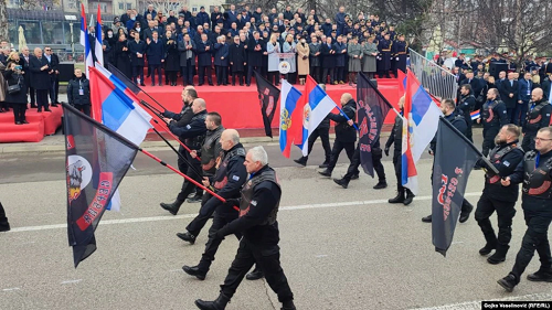 Members of the Russian "Night Wolves" motorcycle club march as part of a Republika Srpska "national day" commemoration in Banja Luka, January 9