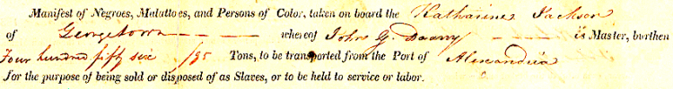 Top of the manifest for the Louisiana-bound Katharine Jackson, describing its human cargo in 1838. Georgetown Slavery Archive