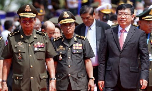 Cambodia's Defence Minister Tea Banh (L) and China's Ambassador to Cambodia Wang Wentian (R) take part in a groundbreaking ceremony at the Ream naval base in Preah Sihanouk province on June 8, 2022. (Photo by Pann Bony/AFP) via Getty Images)