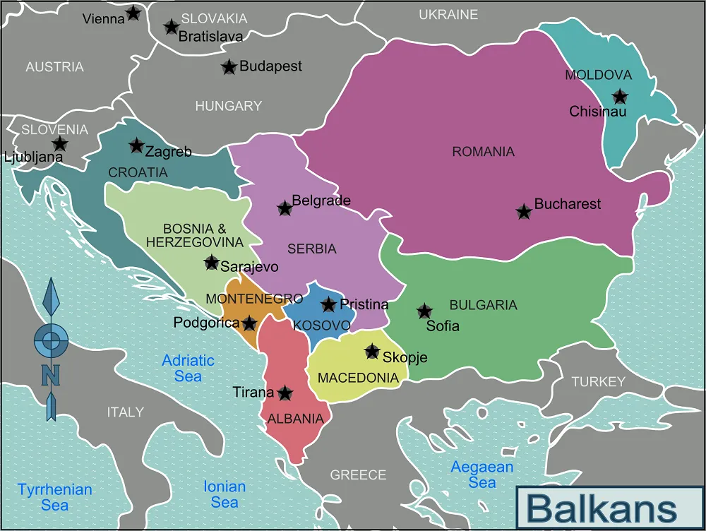 Map of Eastern Europe highlghting the balkans