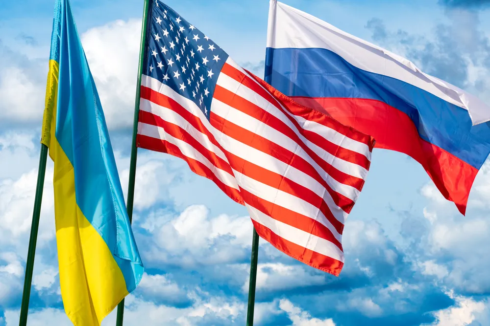 Ukrainian, American, And Russian Flags