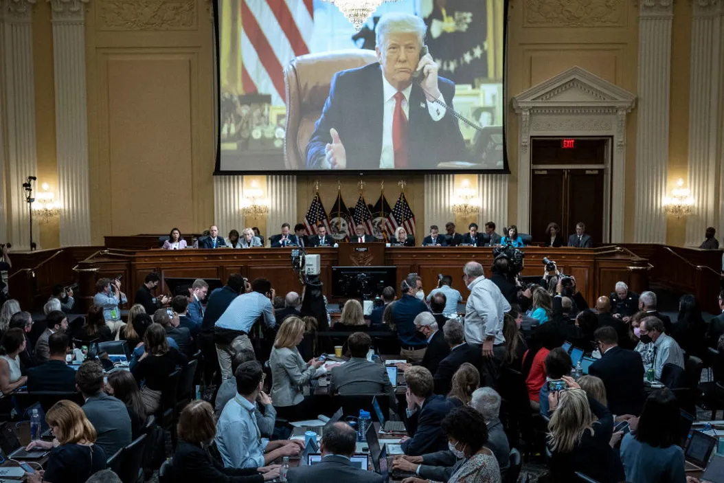 An image of former President Donald Trump is displayed during the third hearing of the US House Select Commit