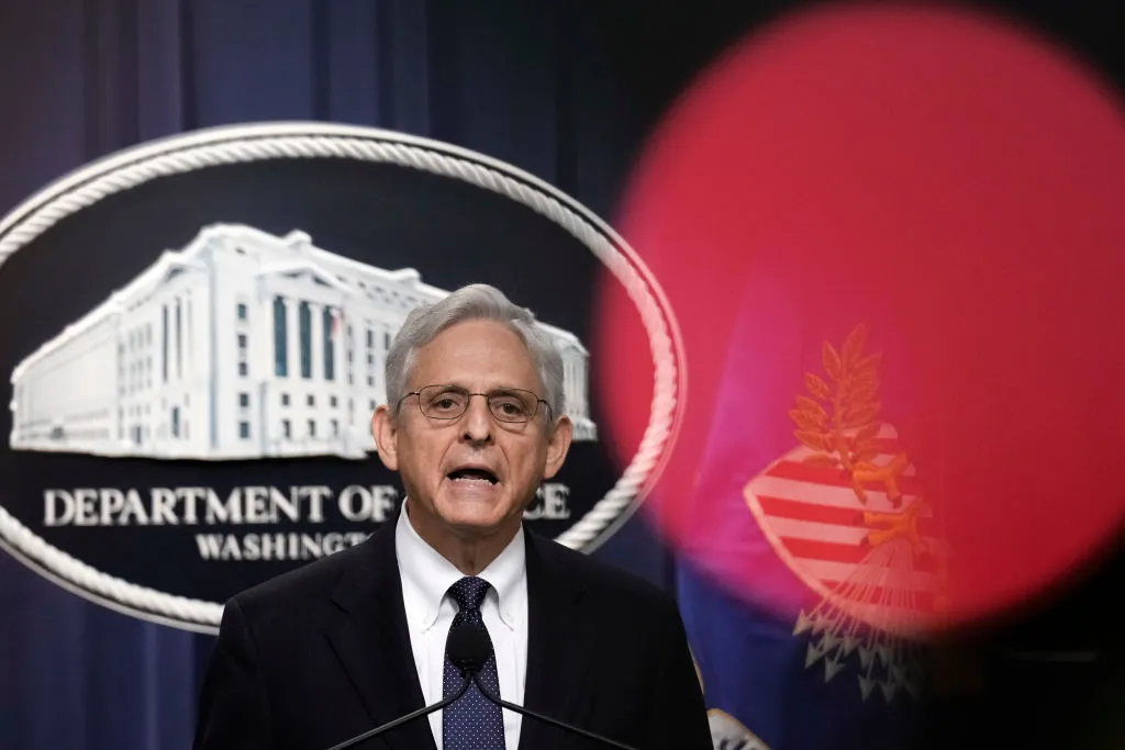 U.S. Attorney General Merrick Garland delivers a statement at the U.S. Department of Justice