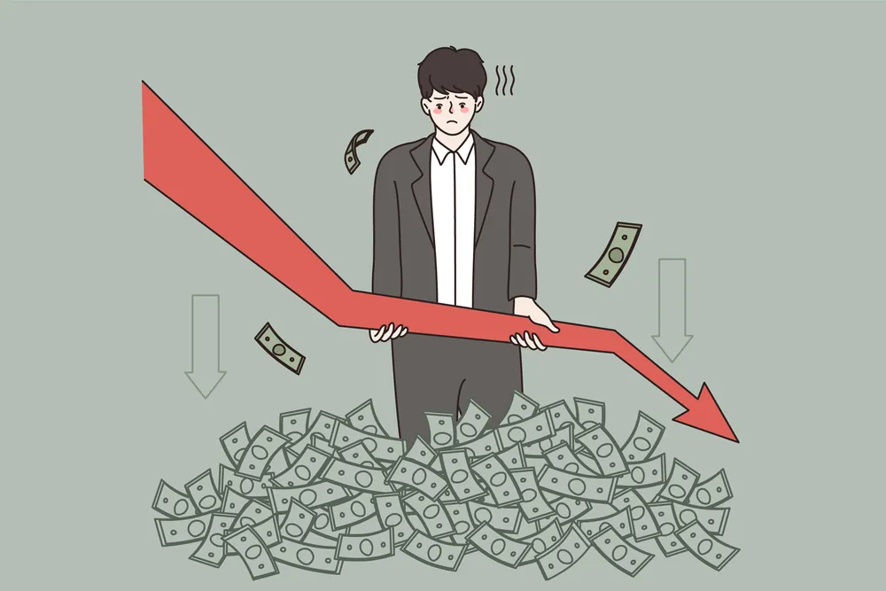 Graphic of a man holding a down arrow surrounded by money