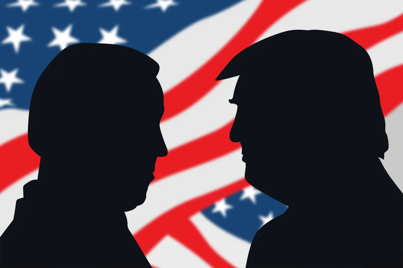 Outline of Joe Biden and Donald Trump over an American flag facing each other